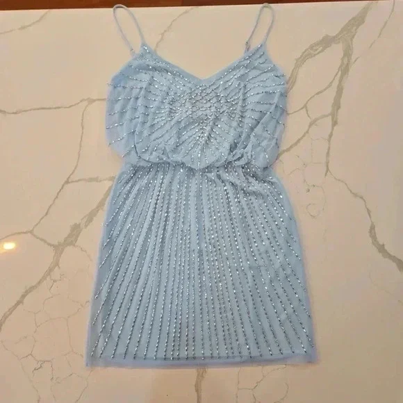 NWT Xscape Beaded Blouson Mesh Mini Party Cocktail Dress Size 6 Light Blue